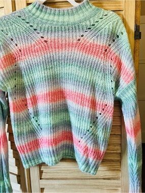 Hooked Up by IOT Pastel Striped Cowl Neck Sweater in Mint, Coral & Lavender
